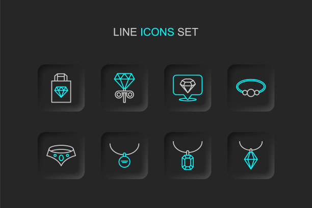 套线吊坠项链，吊坠盒，项链，手镯珠宝，钻石，耳钉和购物袋图标。向量图片下载