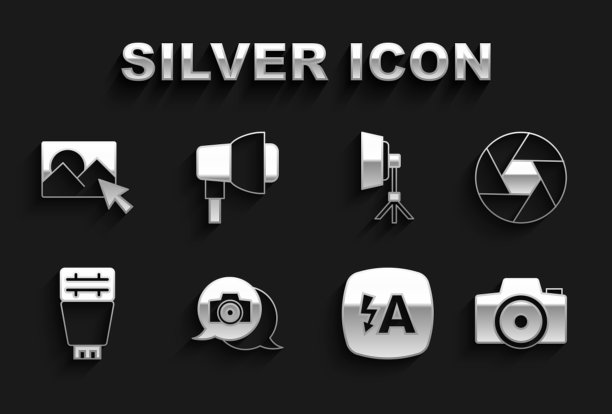 设置相机，相机快门，自动闪光灯，软箱灯，修饰和图标。向量图片下载