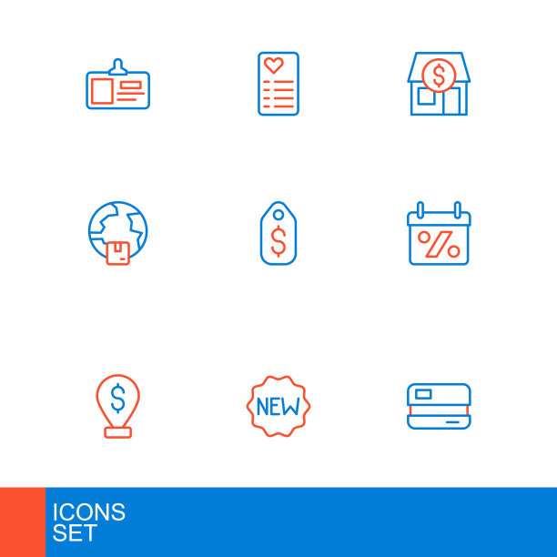 设置线信用卡，新的价格标签，现金位置pin，折扣百分比，全球航运，美元，市场商店和购物清单图标。向量图片下载