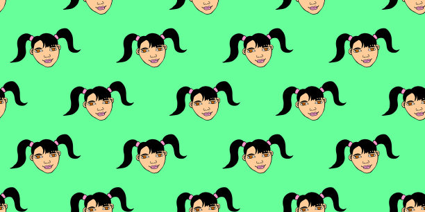 矢量无缝图案与卡通脸女孩或女人与两个马尾辫。孩子气，少女趣味可爱的纹理背景图片下载