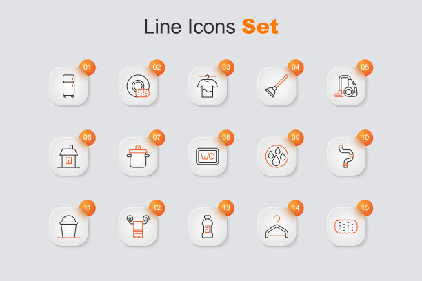 集线海绵，衣架衣柜，洗洁精瓶，毛巾架，桶，工业金属管，水滴和马桶图标。向量图片下载