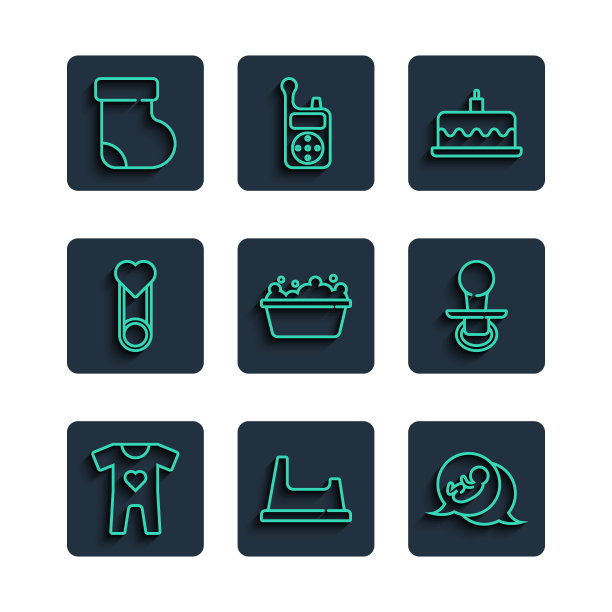 设置线婴儿的衣服，便盆，蛋糕与燃烧的蜡烛，浴缸，别针，袜子和奶嘴图标。向量图片下载