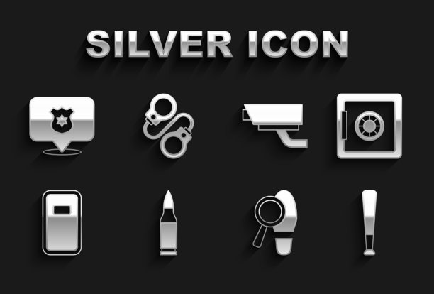 设置子弹，安全，棒球棒，脚步，警察攻击盾牌，安全摄像头，徽章和手铐图标。向量图片下载