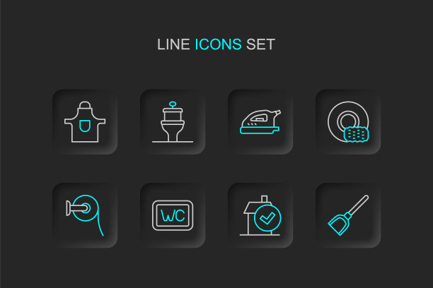设置线簸箕，家庭清洁服务，厕所，纸卷，洗碗，电熨斗，碗和厨房围裙图标。向量图片下载