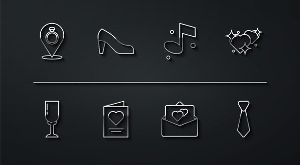 集线结婚戒指，香槟杯，两个相连的心，贺卡，女人的鞋子，领带和音乐笔记图标。向量图片下载