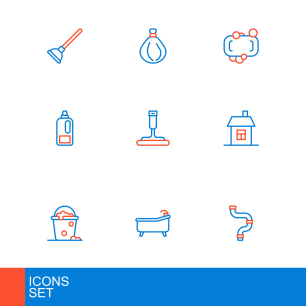 集线工业金属管，浴缸，桶与泡沫和气泡，房子，瓶子洗涤剂，橡胶清洁窗口，肥皂和垃圾袋图标。向量图片下载