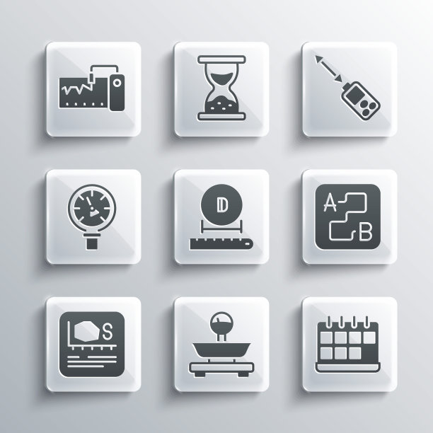 设置刻度，日历，路线位置，直径，面积测量，压力水，测量仪器和激光距离测量图标。向量图片下载