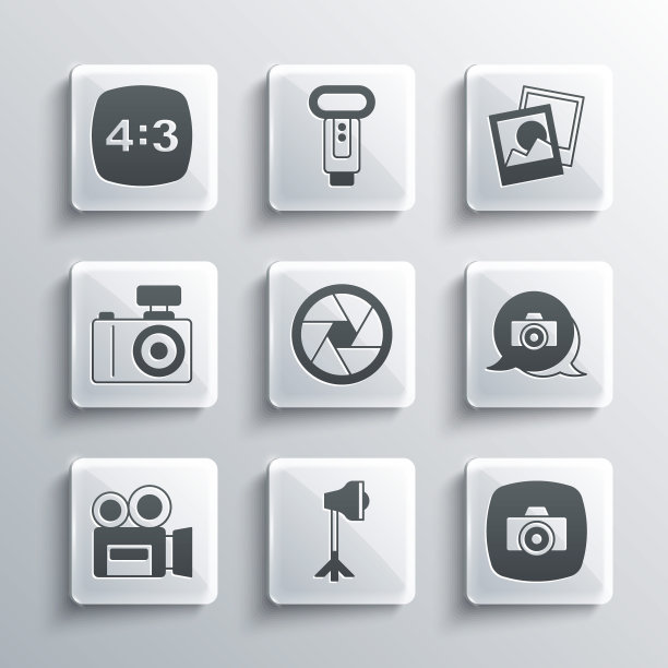 设置工作室灯泡在软箱，相机，相机快门，复古电影院，框架4和图标。向量图片下载