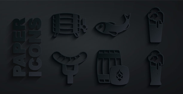 设置木桶，啤酒杯，叉子上的香肠，干鱼和图标。向量图片下载