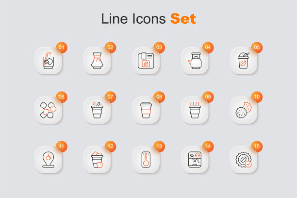 设置线奖章咖啡，咖啡机，温度计，冰，位置与杯子，饼干饼干，去和图标。向量图片下载