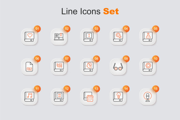 设置线麦克风，用户手册，日常纸记事本，书，有声书，眼镜和法律图标。向量图片下载