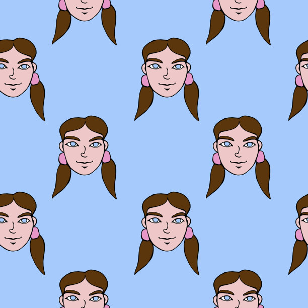 矢量无缝图案与卡通脸女孩或女人与两个马尾辫。孩子气，少女趣味可爱的纹理背景图片下载