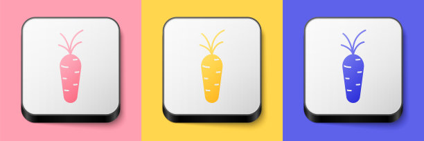 等距胡萝卜图标隔离在粉红色，黄色和蓝色的背景。方形按钮。向量图片下载