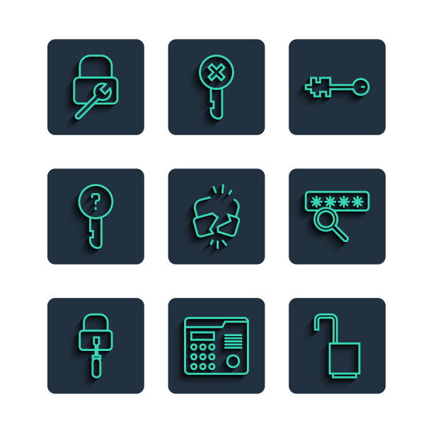 设置线路锁撬锁，房屋对讲系统，打开挂锁，旧钥匙，破碎，未定义，修复和密码保护图标。向量图片下载