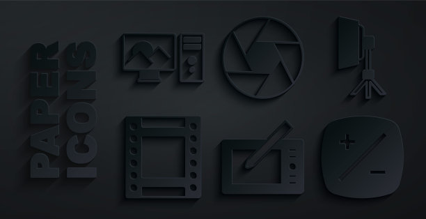 集平板电脑，软箱灯，相机卷墨盒，曝光补偿，快门和照片修饰图标。向量图片下载