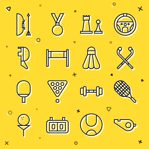 设置线哨子，网球拍，冰球棍，象棋，排球网，击剑头盔面具，弓箭箭筒和羽毛球羽毛球图标。向量图片下载