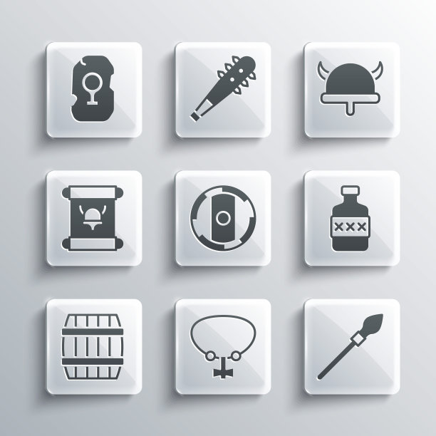 集项链宝石，中世纪的矛，威士忌酒瓶，盾维京人，木桶，法令，羊皮纸，卷轴，魔法符文和海盗角头盔图标。向量图片下载