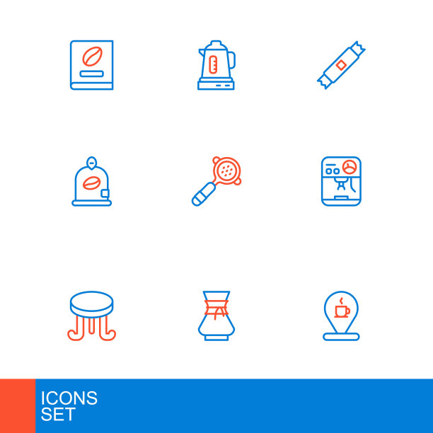 设置线位置咖啡杯，倒咖啡机，咖啡桌，机器，袋豆，过滤架，糖棒包和电水壶图标。向量图片下载