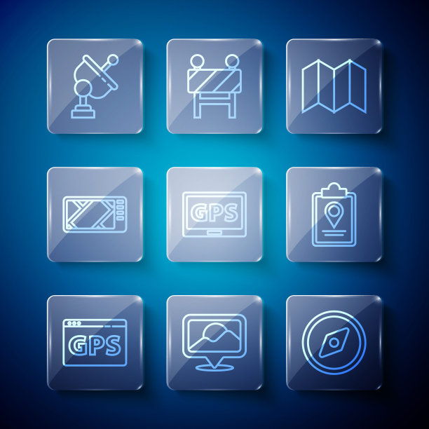 设置线Gps设备与地图，位置，指南针，折叠，雷达和位置标记图标。向量图片下载