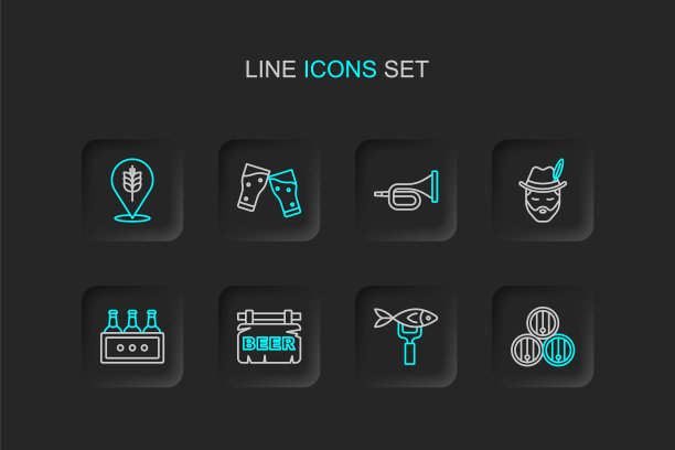 设线木桶，干鱼，街道招牌啤酒，包装啤酒瓶，啤酒节的人，小号，玻璃和小麦图标。向量图片下载