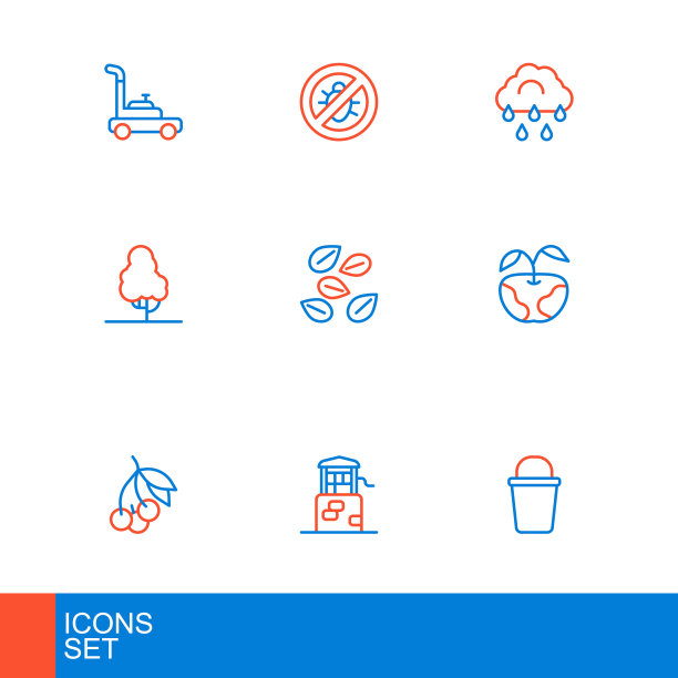 设置线桶，好，新鲜浆果，苹果，果树，特定植物的种子，云与雨和停止科罗拉多甲虫图标。向量图片下载