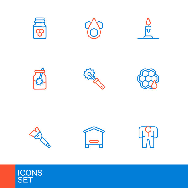 设线养蜂人服装，蜂箱，养蜂刷，蜂巢，蜂蜜罐和蘸料棒，切割机卷，燃烧的蜡烛和图标。向量图片下载