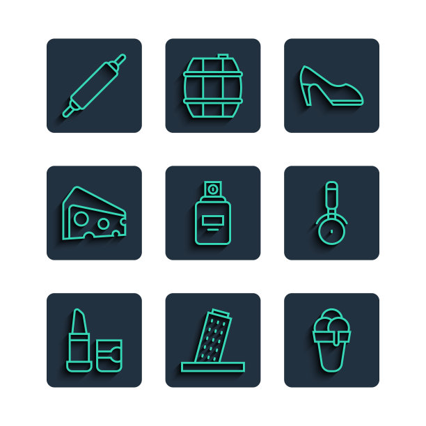 集线口红，比萨塔，冰淇淋，女鞋，香水，奶酪，擀面杖和比萨刀图标。向量图片下载