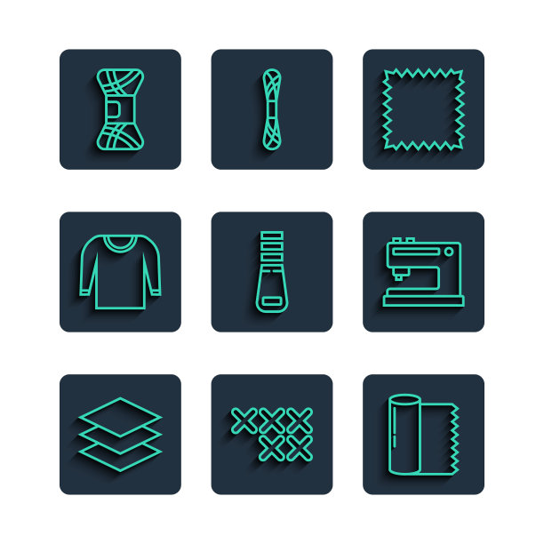 集线层服装纺织品，可调刺绣箍，纺织织物卷，皮革，拉链，毛衣，纱线和缝纫机图标。向量图片下载
