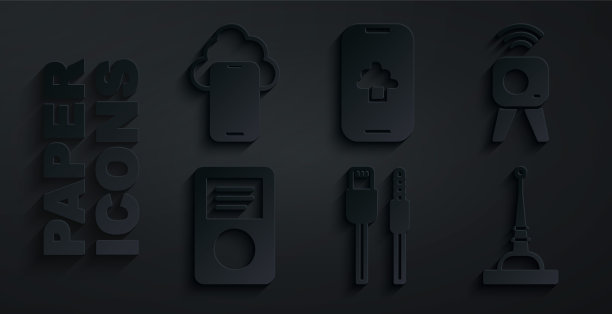 设置USB数据线，网络摄像头，音乐播放器，天线，云技术数据和图标。向量图片下载