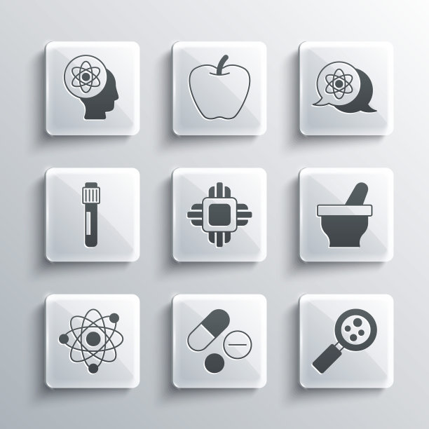 设置药丸或片剂，放大镜下的微生物，研钵和杵，处理器CPU，原子，试管和图标。向量图片下载