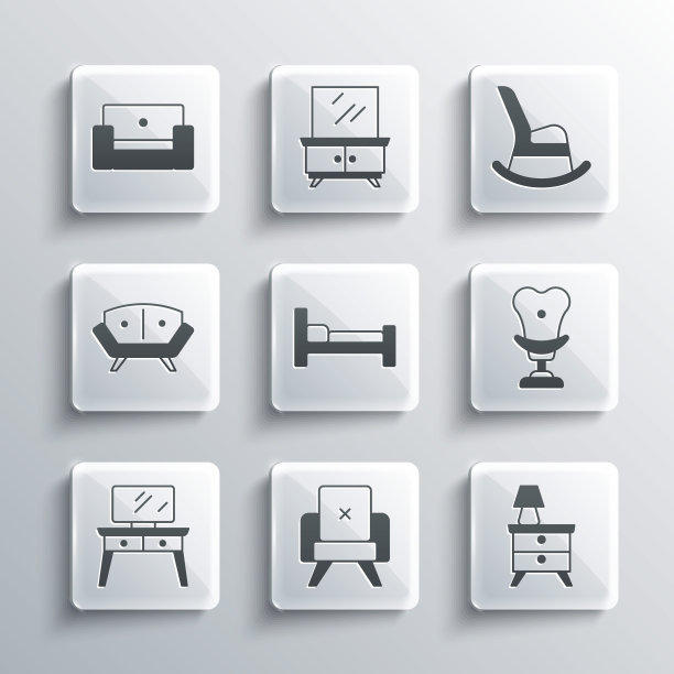 集扶手椅，床头柜灯，床，梳妆台，沙发，和摇摆图标。向量图片下载
