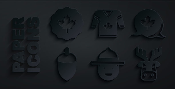 集加拿大护林员帽，枫叶，橡实，鹿头与鹿角，曲棍球球衣和图标。向量图片下载