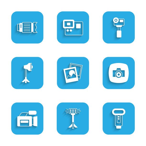 集相框，工作室灯泡在软箱，相机闪光灯，电影，动作极限和相机照片镜头图标。向量图片下载