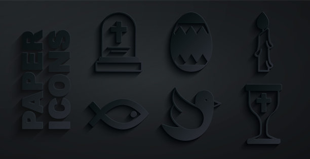 集鸽子，燃烧的蜡烛，基督教鱼的象征，圣杯，复活节彩蛋和坟墓与墓碑图标。向量图片下载