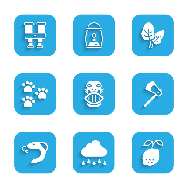 集墨西哥玛雅或阿兹特克面具，云与雨，柠檬，木斧，蛇，爪印，热带树叶和双筒望远镜图标。向量图片下载