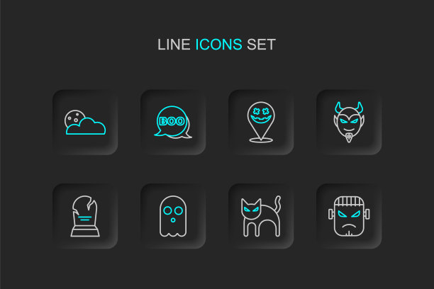 集线弗兰肯斯坦脸，黑猫，鬼，墓碑与RIP写，魔鬼头，万圣节假期快乐，Boo演讲泡沫和月亮和星星的图标。向量图片下载