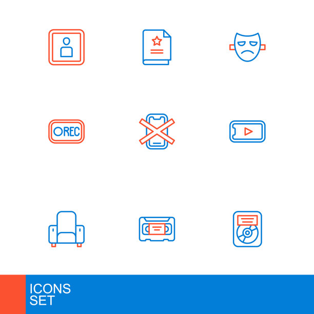 设置线CD盘奖在框架，VHS录像带磁带，电影院椅子，在线播放，录制按钮，无手机，戏剧戏剧面具和场景图标。向量图片下载