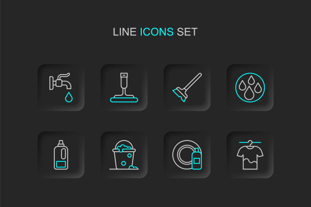 设置线晾衣，洗碗瓶和盘子，桶与泡沫气泡，瓶洗涤剂，水滴，拖把，橡胶清洁剂窗口和点击图标。向量图片下载