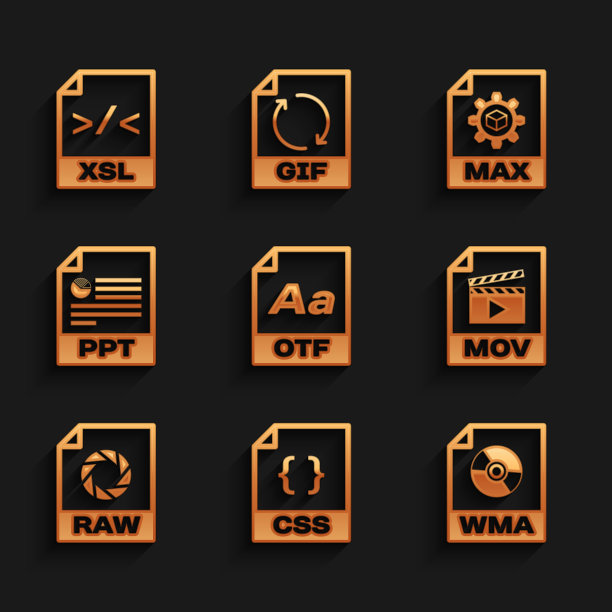 设置OTF文件文档，CSS, WMA, MOV, RAW和PPT图标。向量图片下载