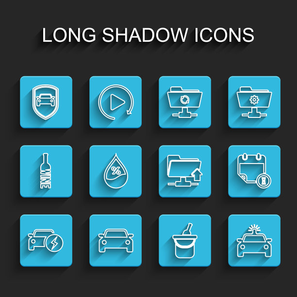 设置线路电动汽车，汽车，保护或保险，酒瓶桶，警察和闪光灯，水滴百分比，日历时钟和FTP文件夹上传图标。向量图片下载