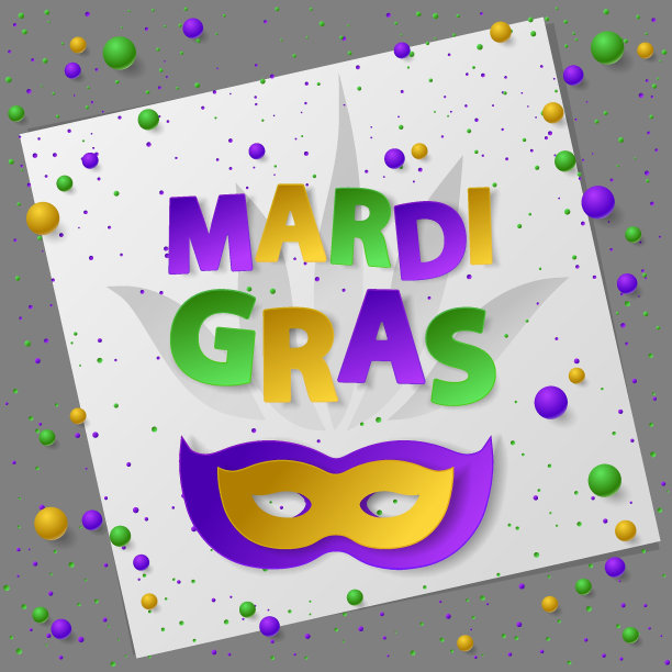 海报上有绿色、黄色和紫色的灰尘、五彩纸屑和球。矢量插图。纸面具和字母狂欢节在白色和灰色的背景。用于横幅，节日，派对。图片下载
