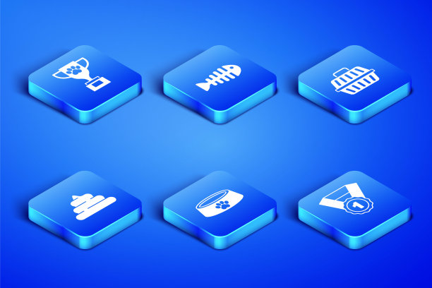 设置狗奖励符号，宠物，食物碗，屎，鱼骨架和手提箱图标。向量图片下载