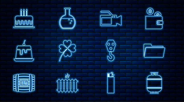 集线丙烷气罐，文件夹，电影摄像机，四叶三叶草，布丁蛋奶冻，蛋糕与燃烧的蜡烛，工业挂钩和试管烧瓶图标。向量图片下载