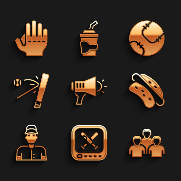 设置扩音器，监视器与棒球比赛，球队的球员，热狗三明治，棒球，球棒和手套图标。向量图片下载