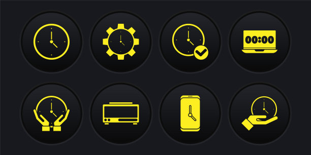 设置时钟，在笔记本电脑上，数字闹钟，闹钟应用程序移动，时间管理，和图标。向量图片下载