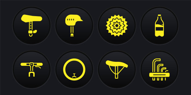 集自行车车把，运动瓶与水，车轮，座椅，磁带，头盔，工具allen键和图标。向量图片下载