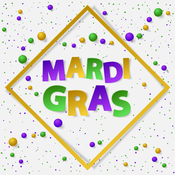 海报用绿色，黄色和紫色的灰尘，五彩纸屑，球和框架。矢量插图。白纸上的Mardi Gras字样。横幅，节日，派对的元素。图片下载