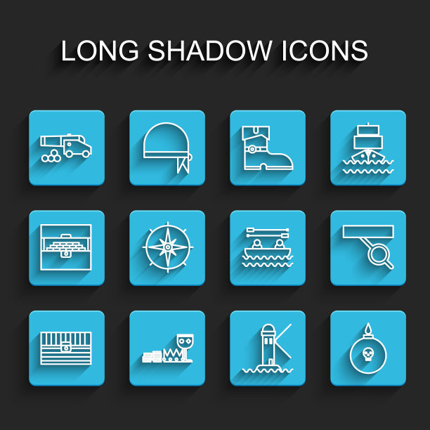 集线古董宝箱，宝藏和财富，大炮与炮弹，灯塔，炸弹准备爆炸，风玫瑰，海盗眼罩和船桨图标。向量图片下载