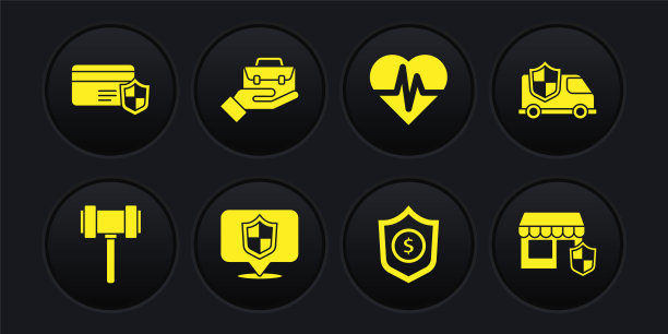 法官槌、带盾汽车、位置、盾美元、健康保险、手提公文包、购物大厦和信用卡图标矢量图图片下载