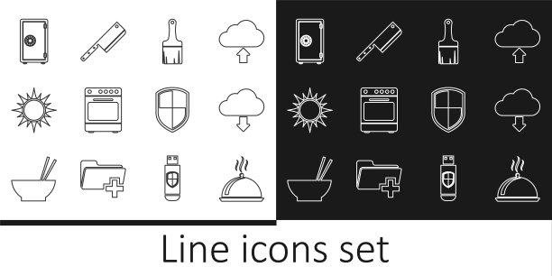 设置线覆盖的食物托盘，云下载，油漆刷，烤箱，太阳，安全，盾牌和肉斩图标。向量图片下载